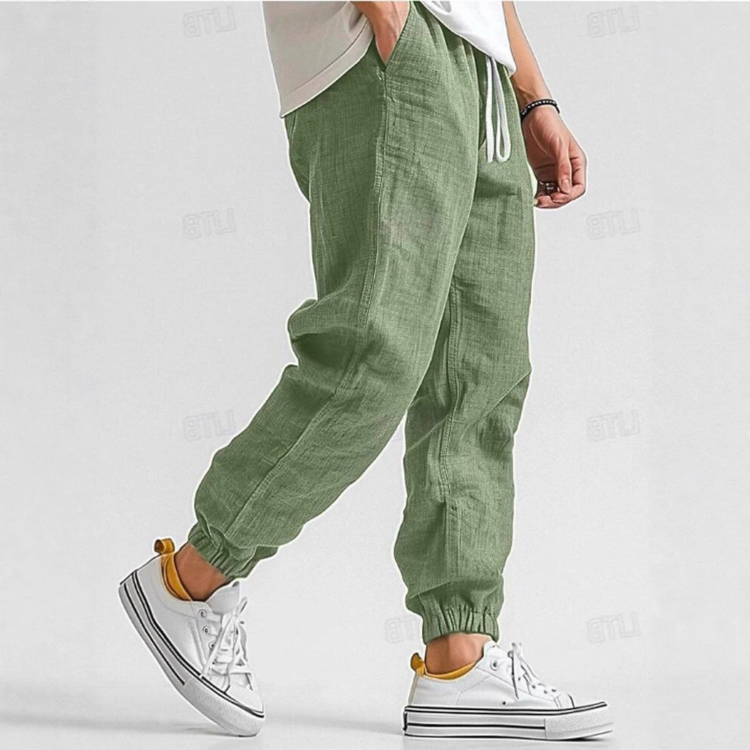 Linen Jogger Trousers with Elastic Waist for Men - View 7