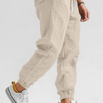 Linen Jogger Trousers with Elastic Waist for Men - Khaki