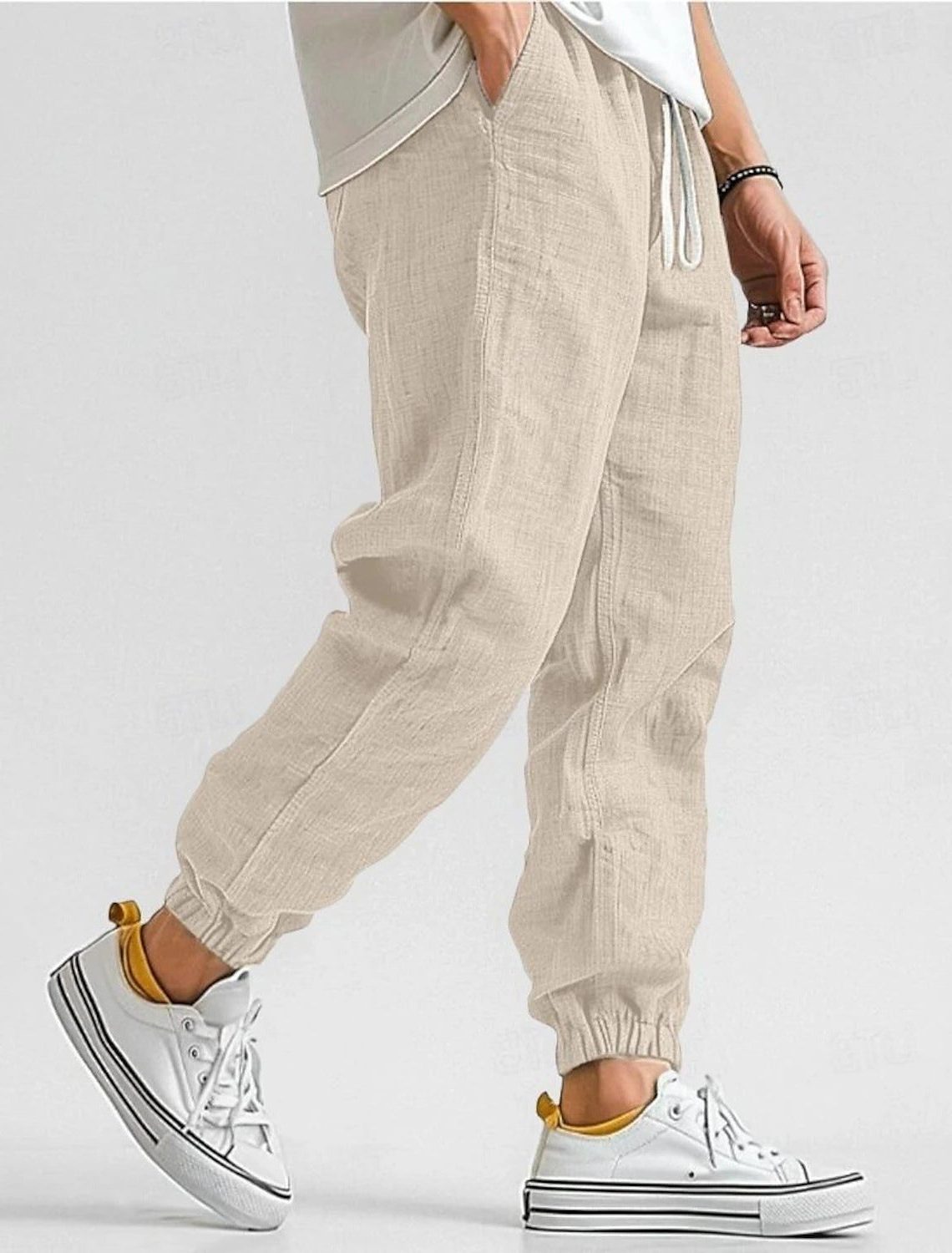 Linen Jogger Trousers with Elastic Waist for Men - Khaki
