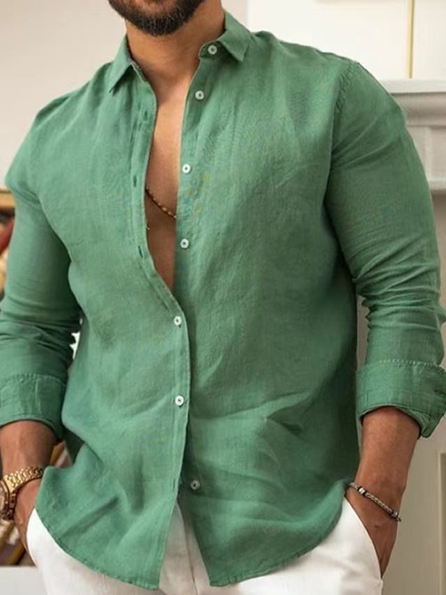 Linen Long Sleeve Button-Down Shirt for Men