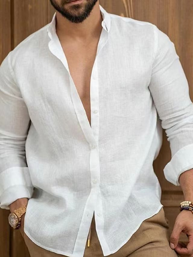 Linen Long Sleeve Button-Down Shirt for Men - White