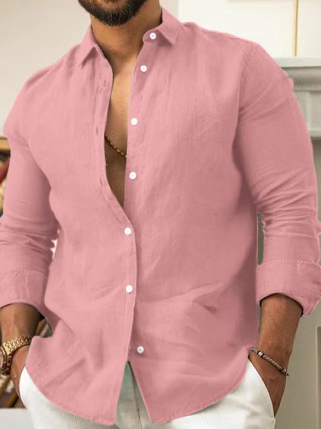 Linen Long Sleeve Button-Down Shirt for Men - Pink