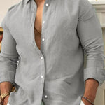 Linen Long Sleeve Button-Down Shirt for Men - Light Gray