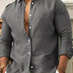 Linen Long Sleeve Button-Down Shirt for Men - Dark Gray