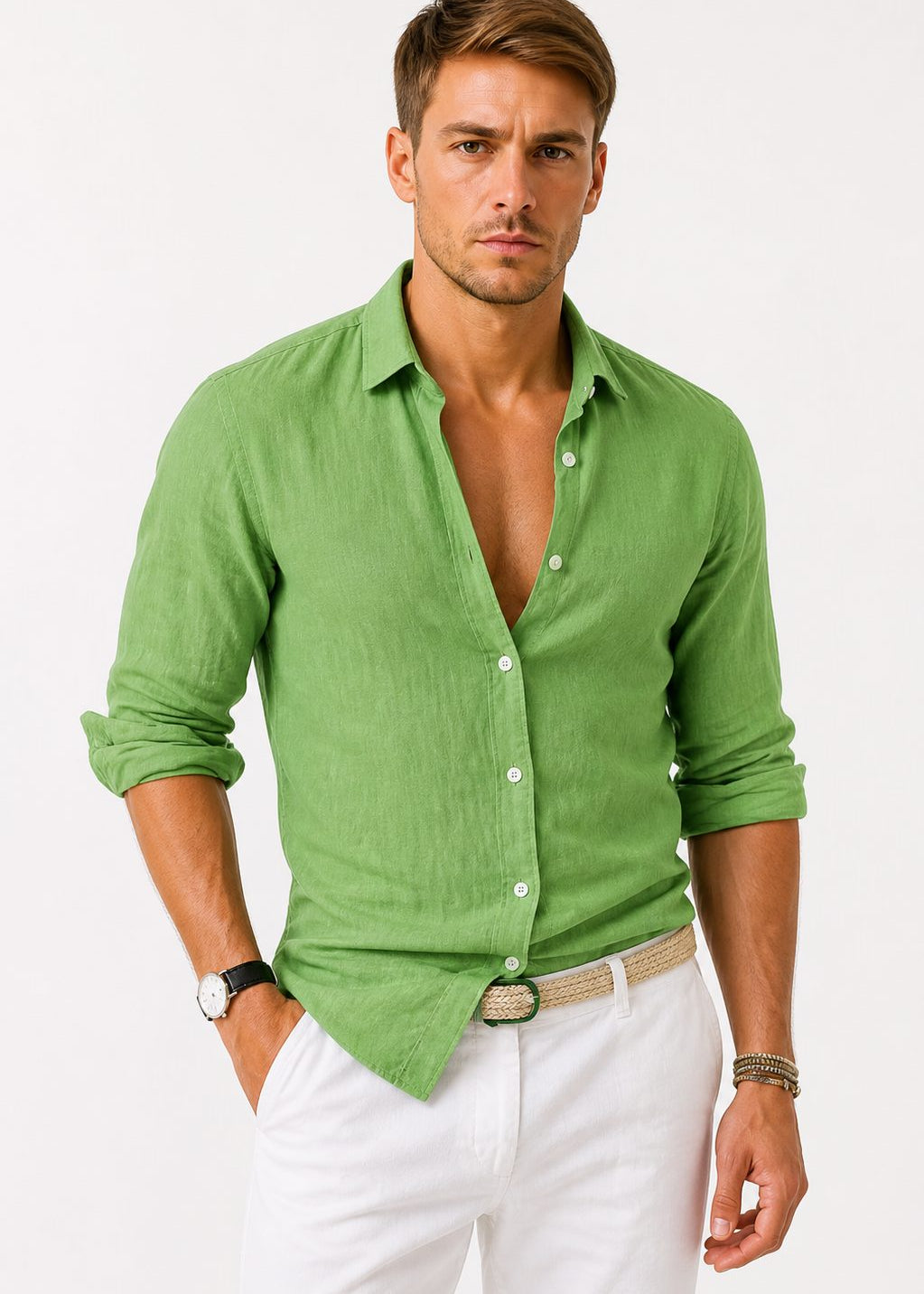 Linen Long Sleeve Button-Down Shirt with Rolled Sleeves for Men - Green