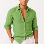 Linen Long Sleeve Button-Down Shirt with Rolled Sleeves for Men - Green