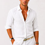Linen Long Sleeve Button-Down Shirt with Rolled Sleeves for Men - White