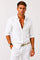 Linen Long Sleeve Button-Down Shirt with Rolled Sleeves for Men - White