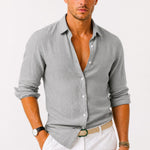Linen Long Sleeve Button-Down Shirt with Rolled Sleeves for Men - Gray