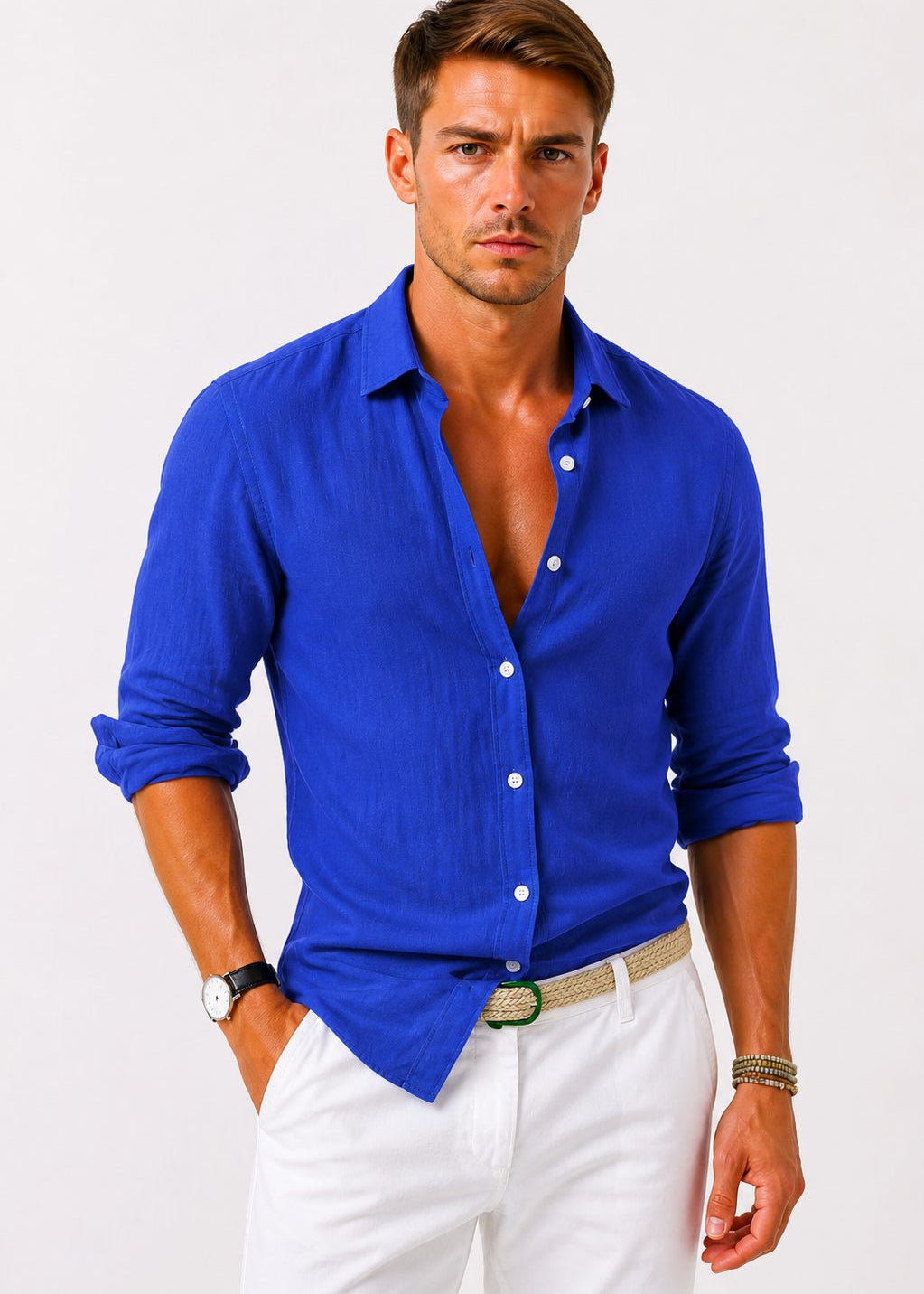 Linen Long Sleeve Button-Down Shirt with Rolled Sleeves for Men - Blue