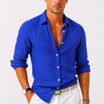 Linen Long Sleeve Button-Down Shirt with Rolled Sleeves for Men - Blue