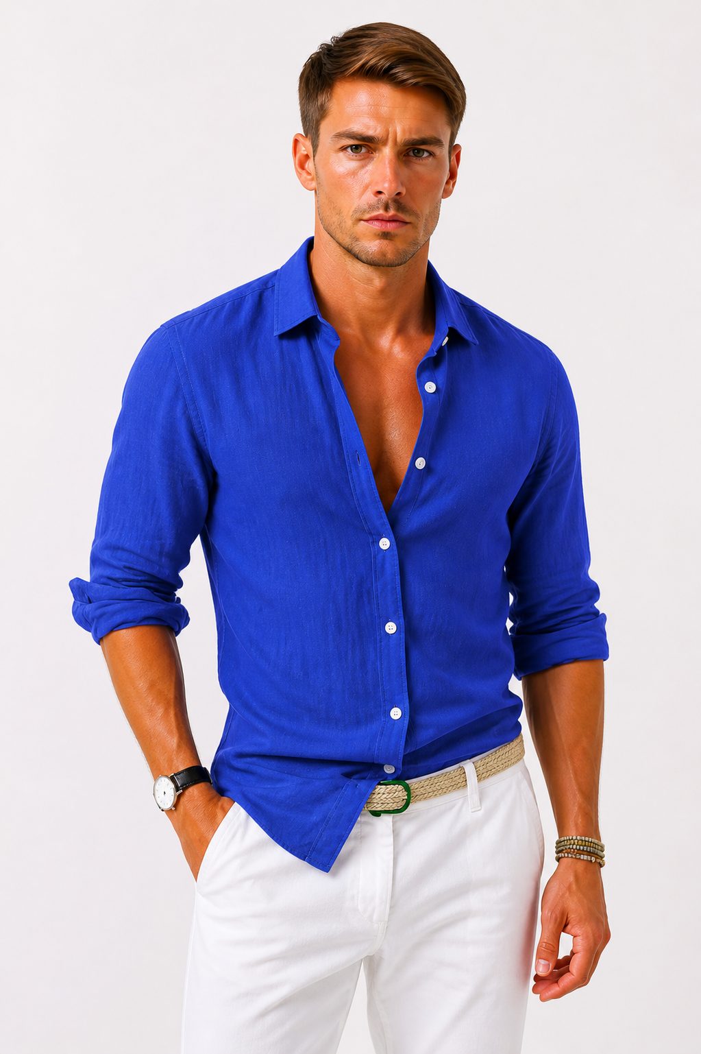 Linen Long Sleeve Button-Down Shirt with Rolled Sleeves for Men - Blue
