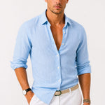 Linen Long Sleeve Button-Down Shirt with Rolled Sleeves for Men - Light Blue