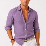 Linen Long Sleeve Button-Down Shirt with Rolled Sleeves for Men - Purple