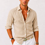 Linen Long Sleeve Button-Down Shirt with Rolled Sleeves for Men - Beige