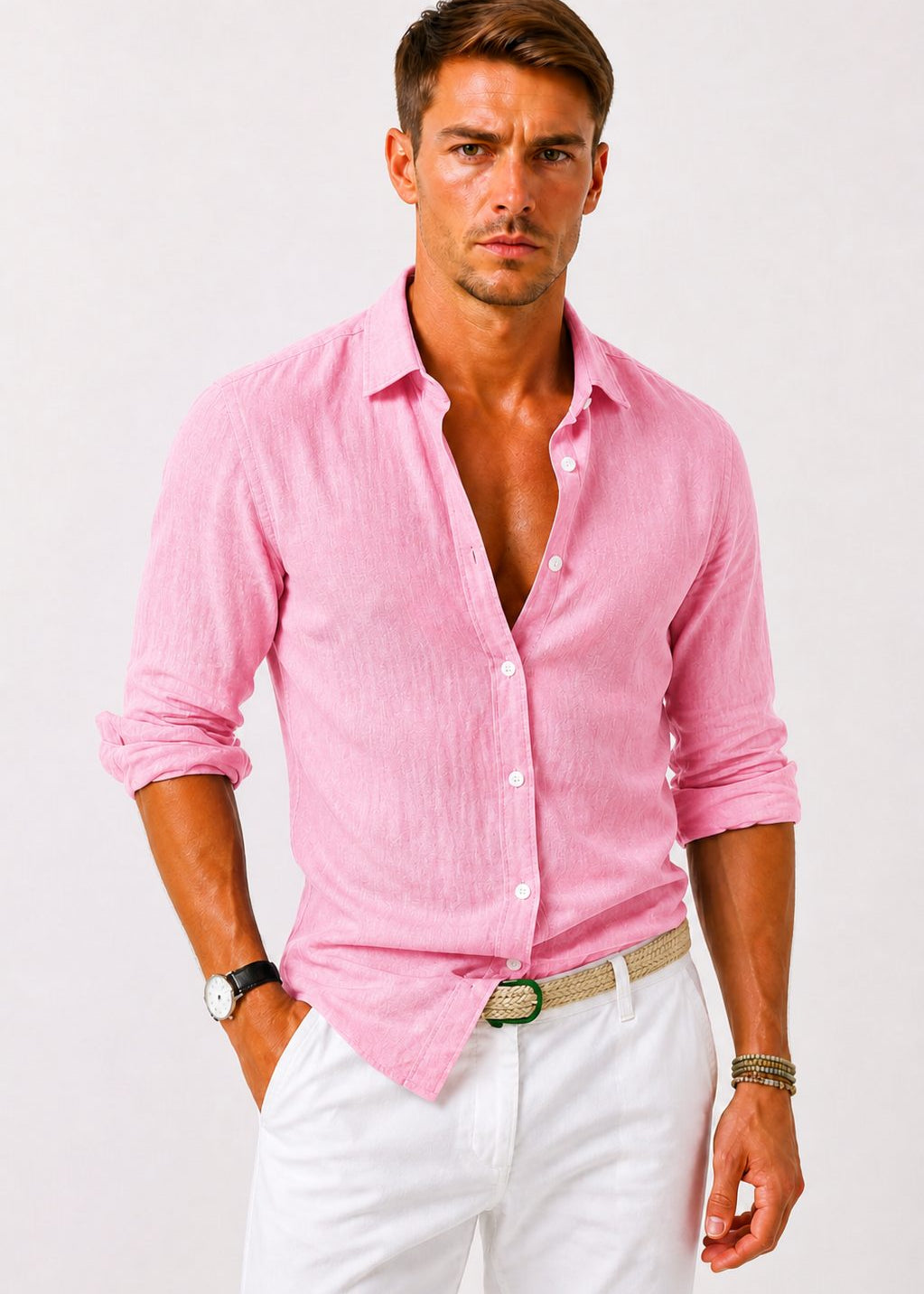 Linen Long Sleeve Button-Down Shirt with Rolled Sleeves for Men - Pink