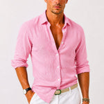 Linen Long Sleeve Button-Down Shirt with Rolled Sleeves for Men - Pink