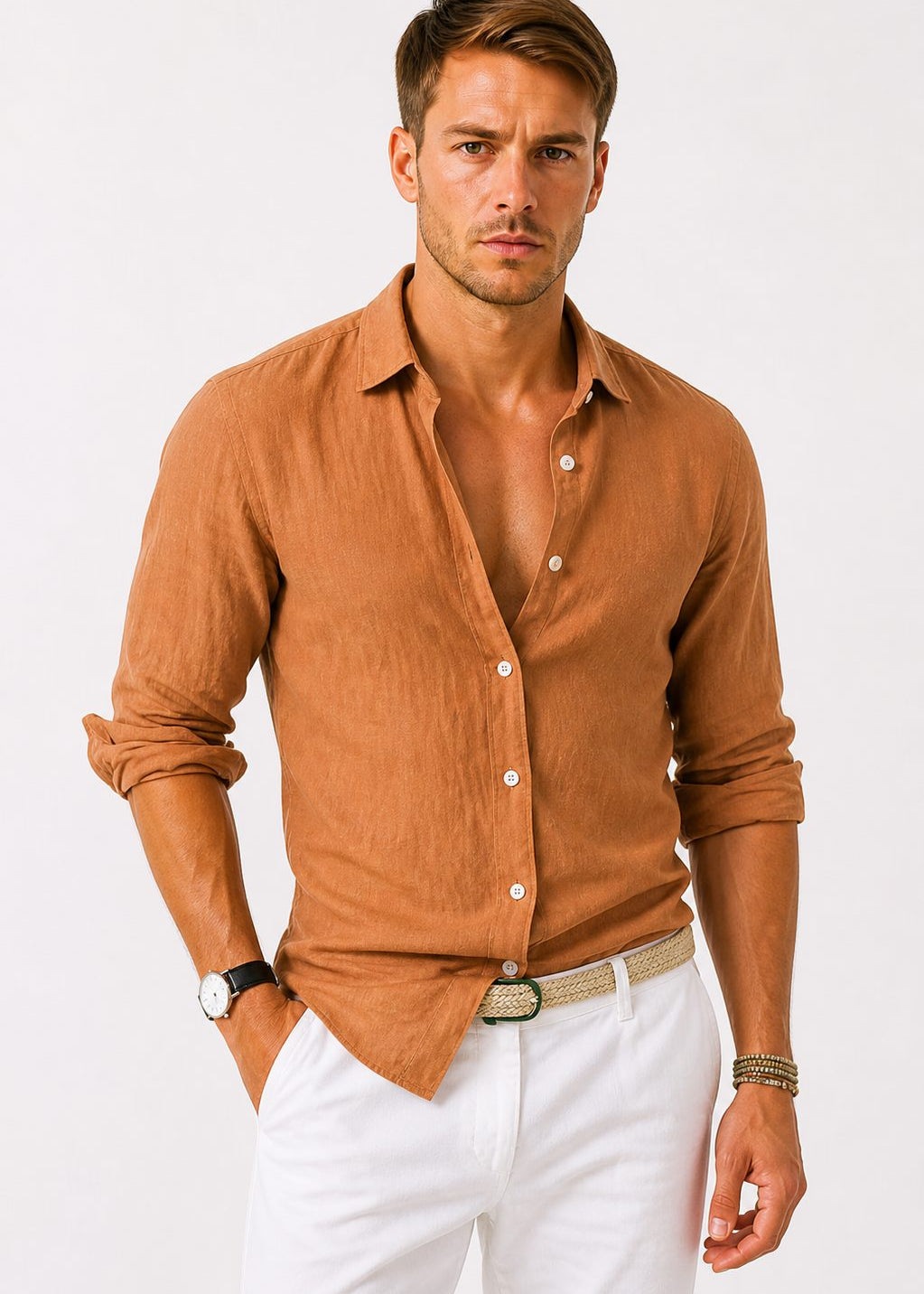 Linen Long Sleeve Button-Down Shirt with Rolled Sleeves for Men - Brown