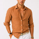 Linen Long Sleeve Button-Down Shirt with Rolled Sleeves for Men - Brown