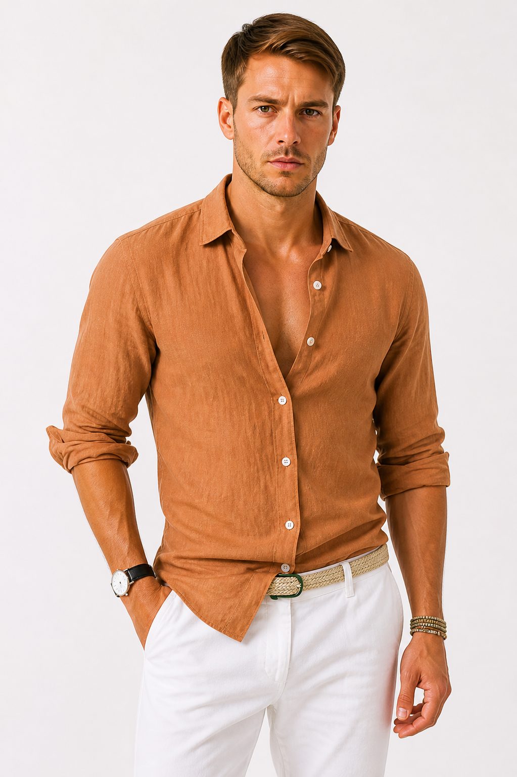Linen Long Sleeve Button-Down Shirt with Rolled Sleeves for Men - Brown
