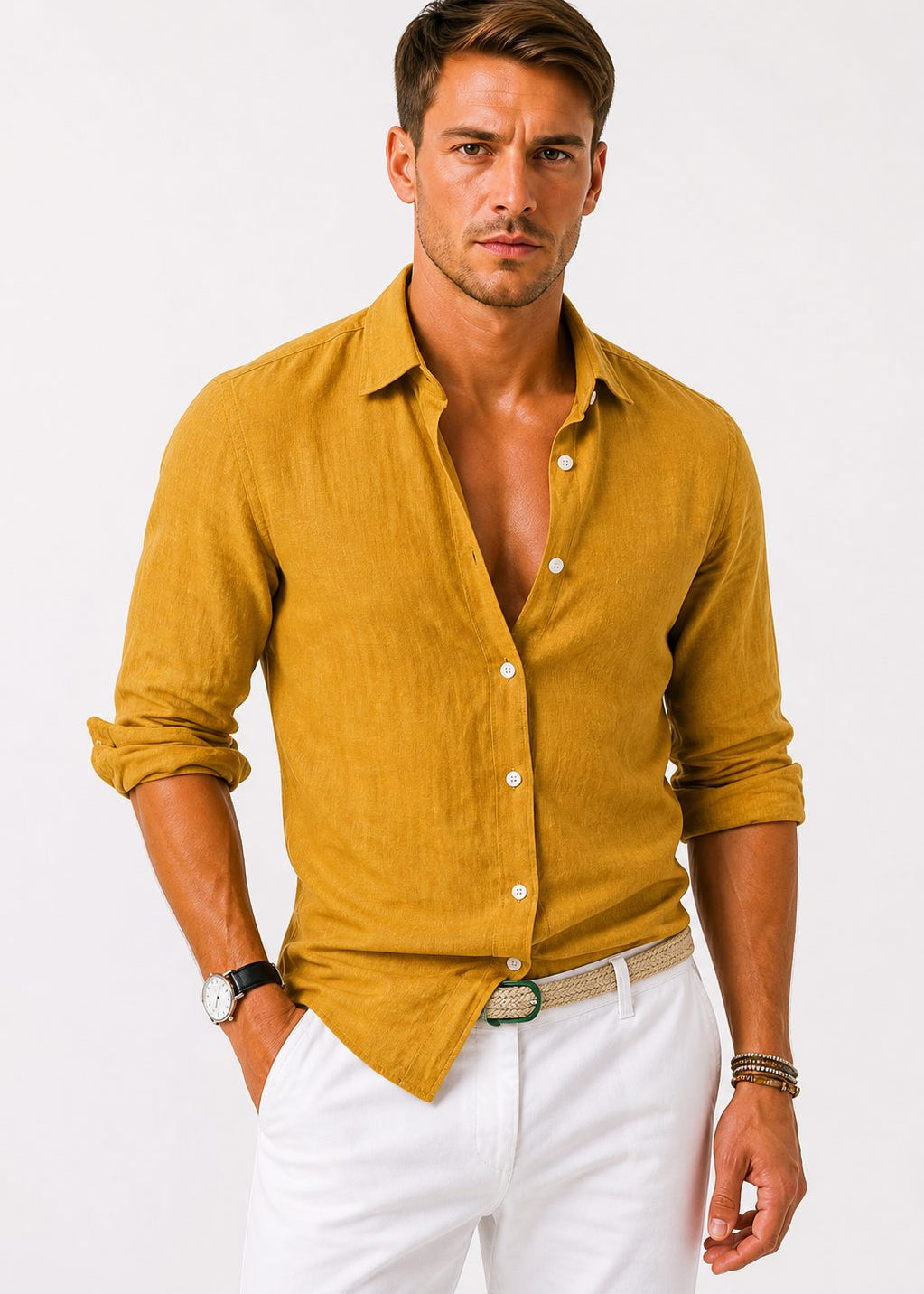 Linen Long Sleeve Button-Down Shirt with Rolled Sleeves for Men - Yellow