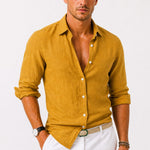 Linen Long Sleeve Button-Down Shirt with Rolled Sleeves for Men - Yellow