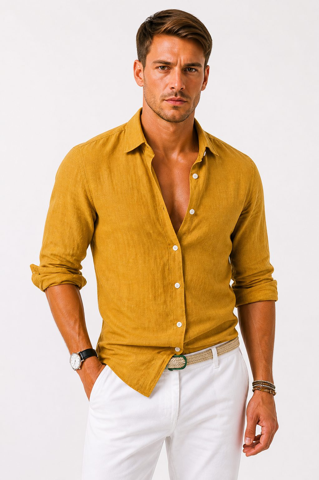 Linen Long Sleeve Button-Down Shirt with Rolled Sleeves for Men - Yellow