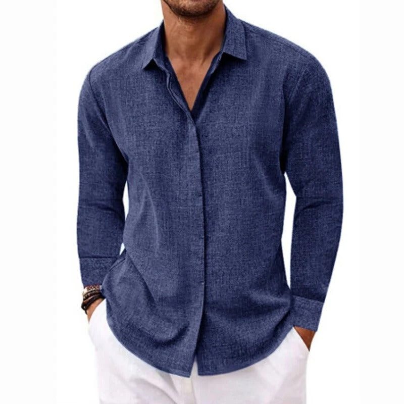 Linen Long Sleeve Shirt for Men - Navy Blue