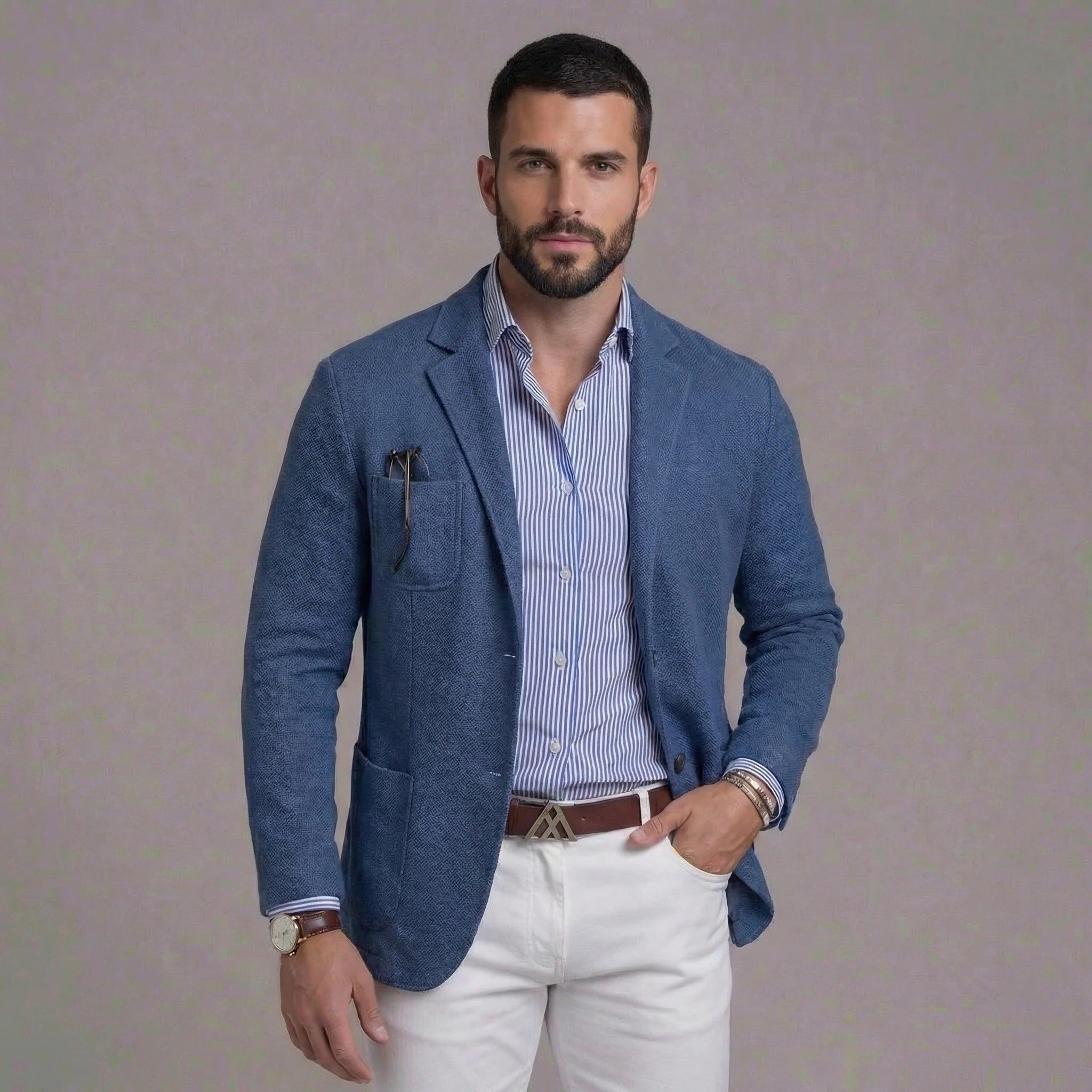 Linen Notch Lapel Blazer for Men - Blue