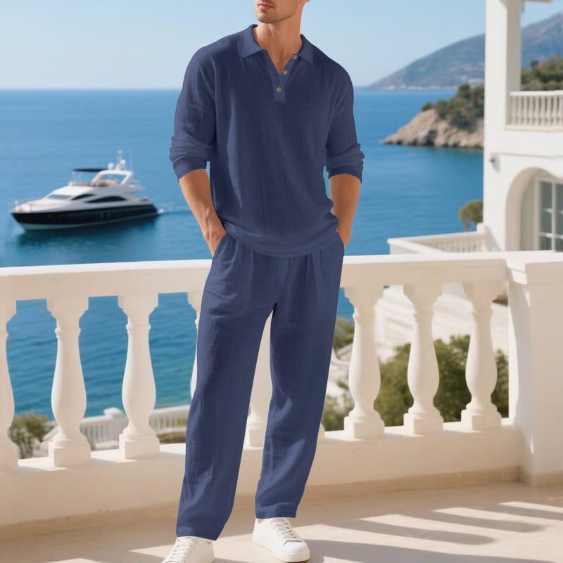 Collar Long Sleeve Cotton Blend Set for Men
