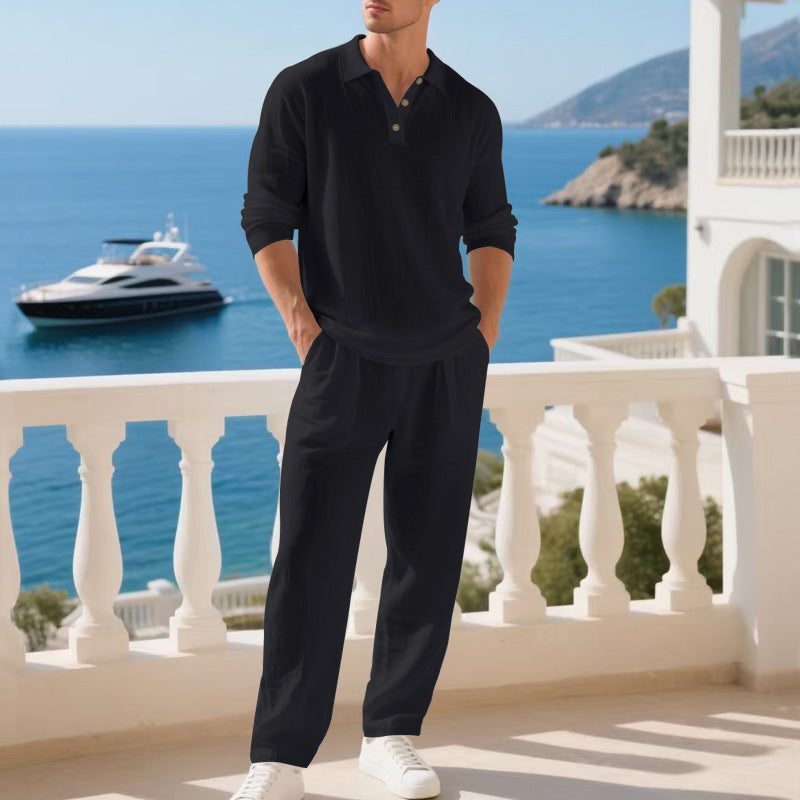 Collar Long Sleeve Cotton Blend Set for Men - Black