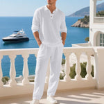Collar Long Sleeve Cotton Blend Set for Men - White