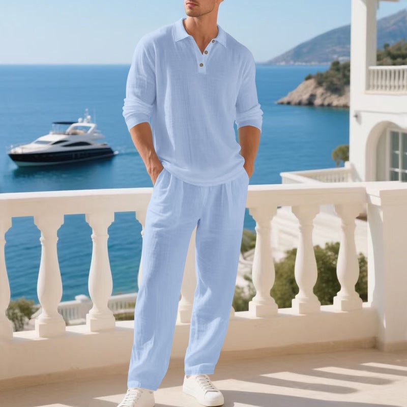 Collar Long Sleeve Cotton Blend Set for Men - Light Blue