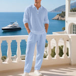Collar Long Sleeve Cotton Blend Set for Men - Light Blue