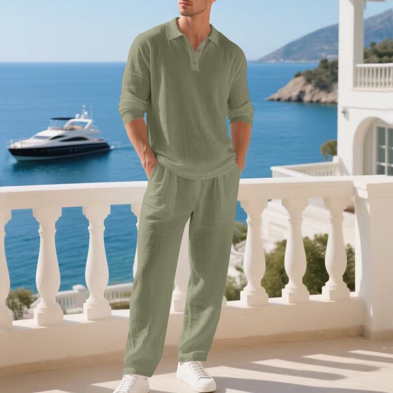 Collar Long Sleeve Cotton Blend Set for Men - Olive Green