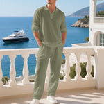 Collar Long Sleeve Cotton Blend Set for Men - Olive Green