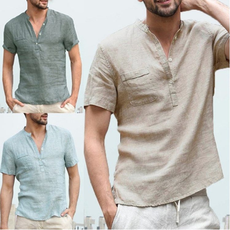 Linen Short Sleeve Henley Shirt for Men