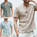 Linen Short Sleeve Henley Shirt for Men