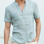 Linen Short Sleeve Henley Shirt for Men - Light Blue