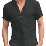Linen Short Sleeve Henley Shirt for Men - Black