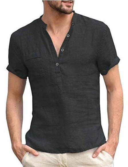 Linen Short Sleeve Henley Shirt for Men - Black