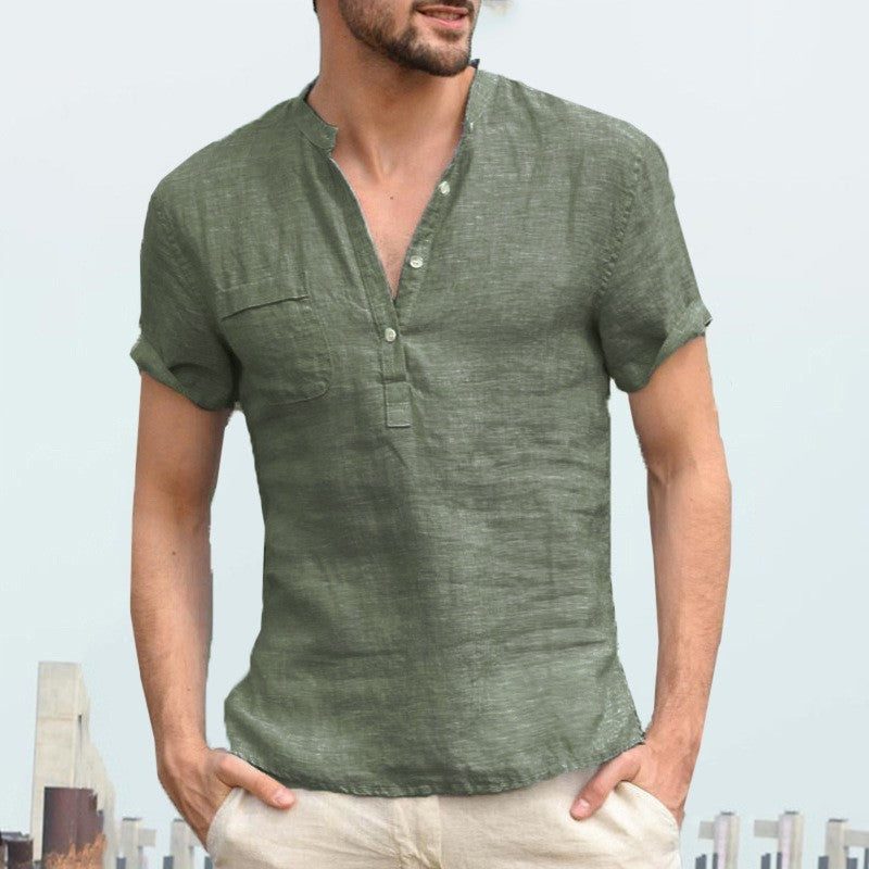 Linen Short Sleeve Henley Shirt for Men - Gray