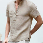 Linen Short Sleeve Henley Shirt for Men - Khaki
