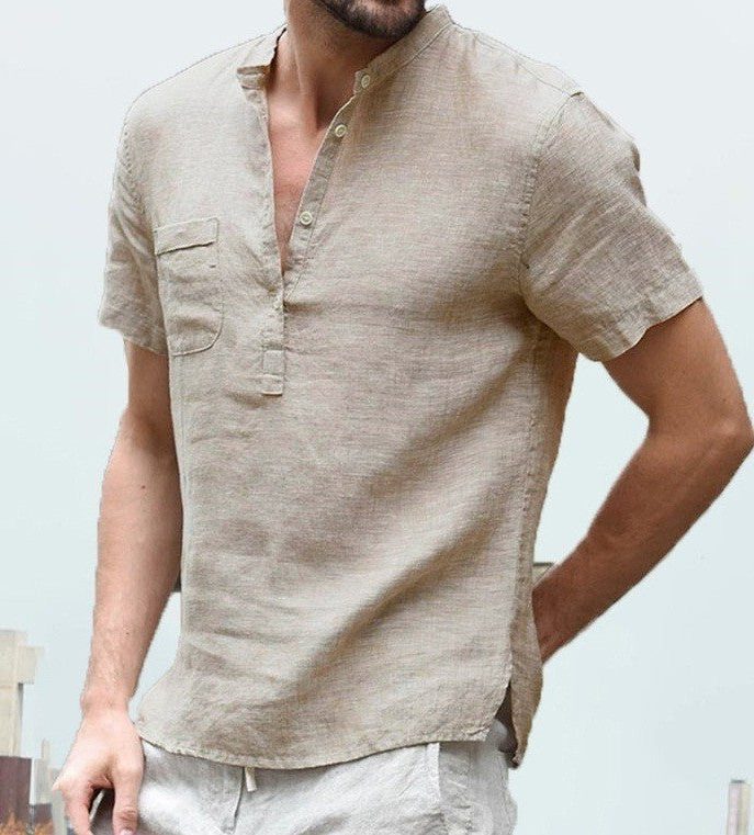 Linen Short Sleeve Henley Shirt for Men - Khaki