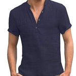 Linen Short Sleeve Henley Shirt for Men - Navy Blue