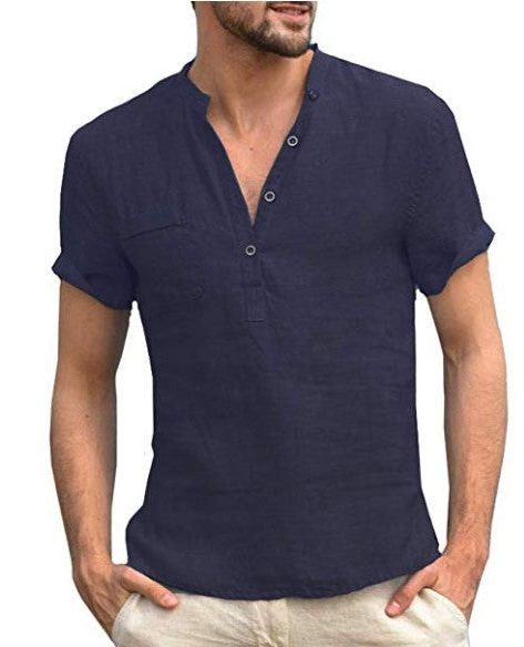 Linen Short Sleeve Henley Shirt for Men - Navy Blue