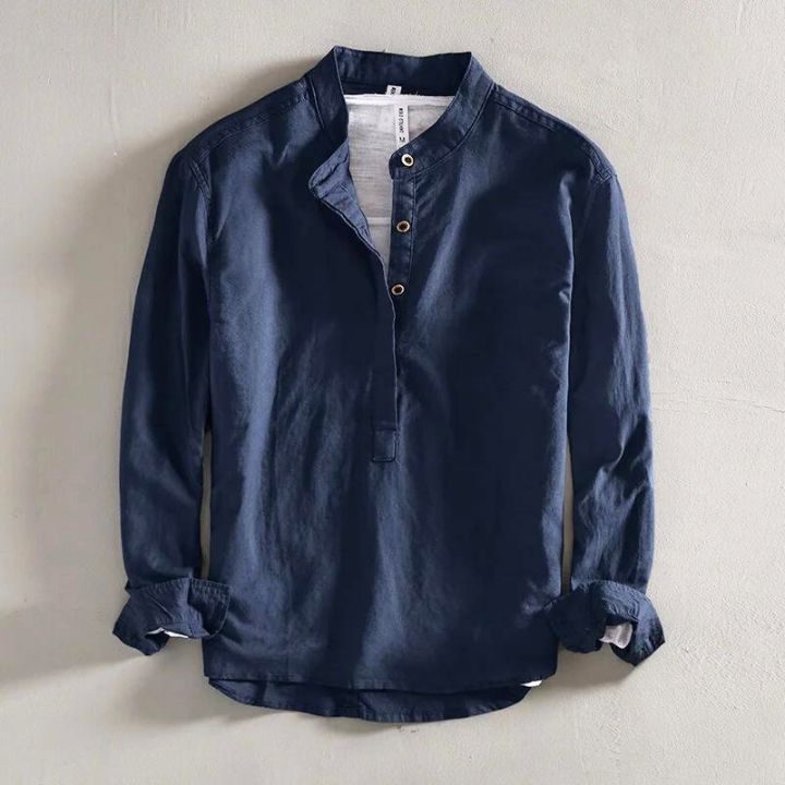 Linen Stand Collar Shirt for Men - Navy Blue