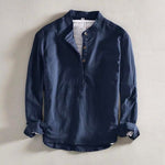 Linen Stand Collar Shirt for Men - Navy Blue