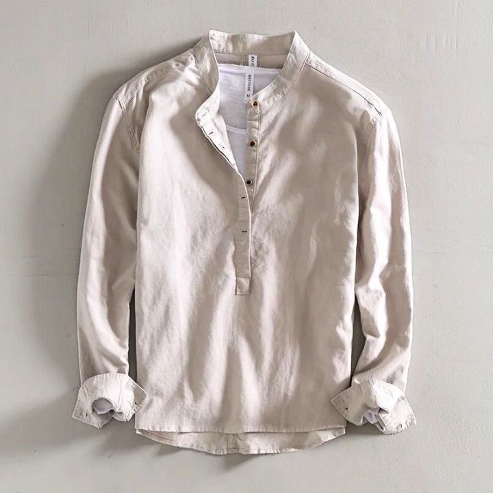 Linen Stand Collar Shirt for Men - Grey
