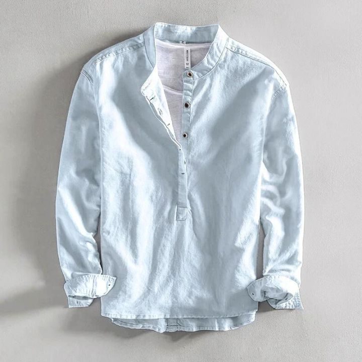 Linen Stand Collar Shirt for Men - Sky Blue